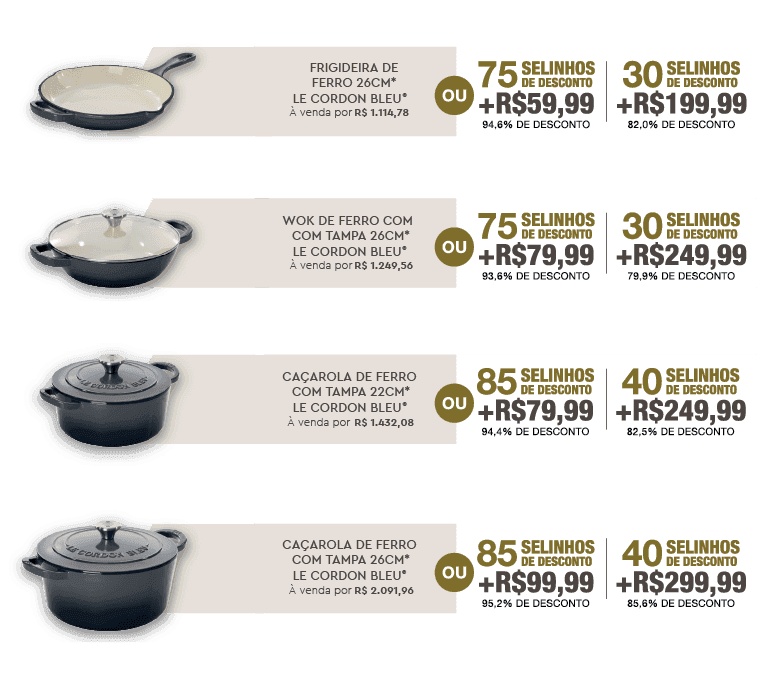 Tabela de preços e selos necessários para caçarolas, frigideira e wok Éternité Le Cordon Bleu